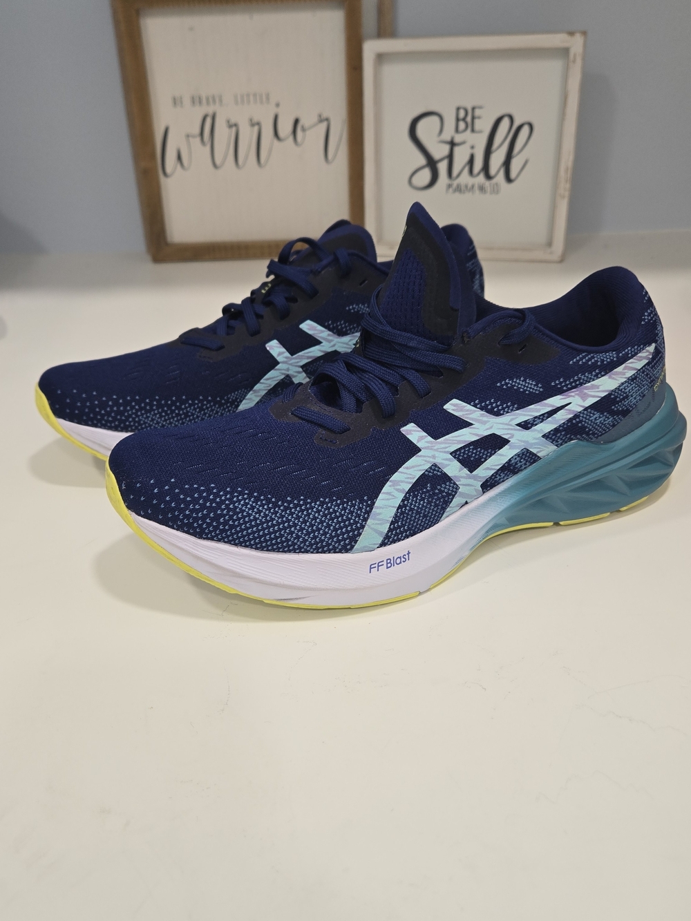Asics Dynablast Navy Running Shoes with Light Blue and Yellow Accents